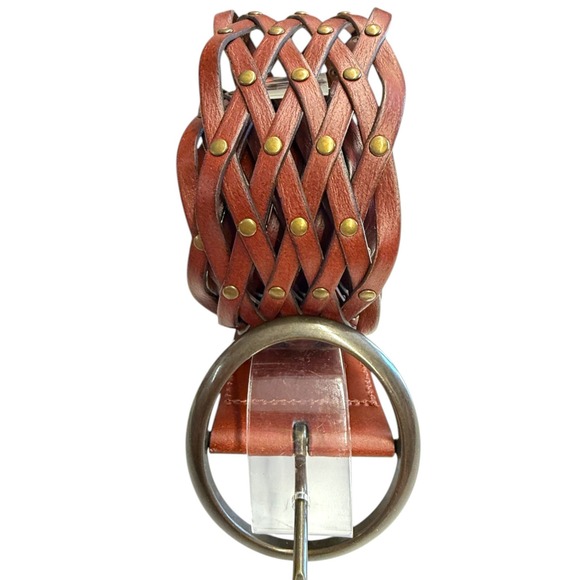 Woven‎ Lattice Studded Leather Wide Waist Belt Cognac Brown L/XL FL21A503 main image 4